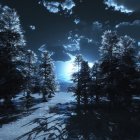 Snow-covered trees, cozy cottage, starry night with crescent moon and planets