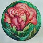Pink Rose Captured in Iridescent Sphere with Green and Blue Highlights