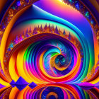 Psychedelic digital artwork: vibrant swirl pattern, trees, stars