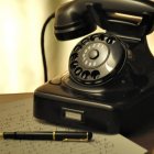 Vintage Black Rotary Dial Telephone on Yellowed Paper with Warm Lighting