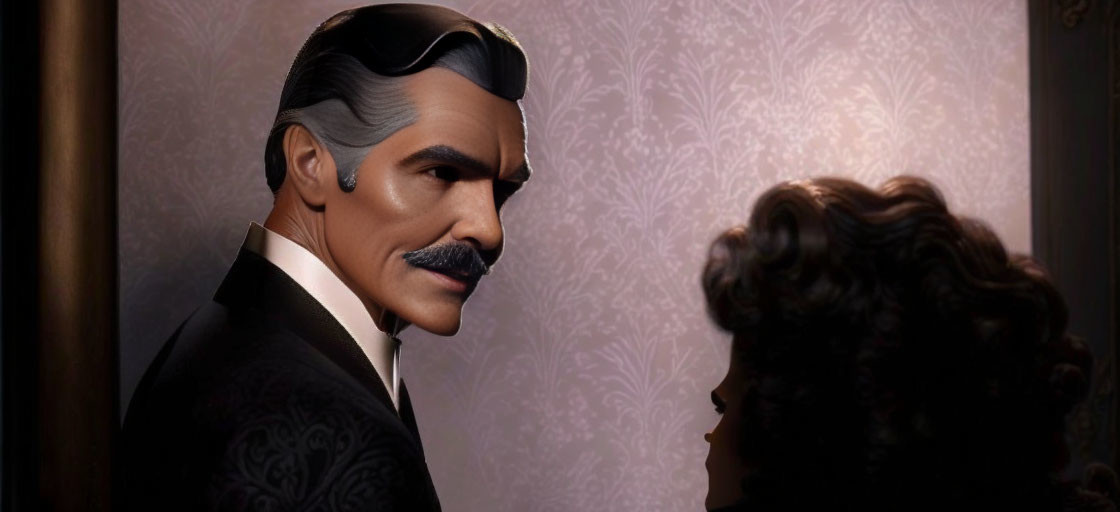 Stylized animated image of man with mustache in suit conversing with person with curly hair