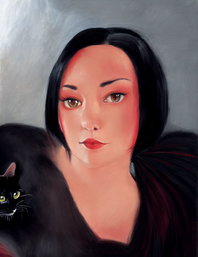 Portrait of Woman with Dark Hair and Red Eyes, Black Cat with Yellow Eyes