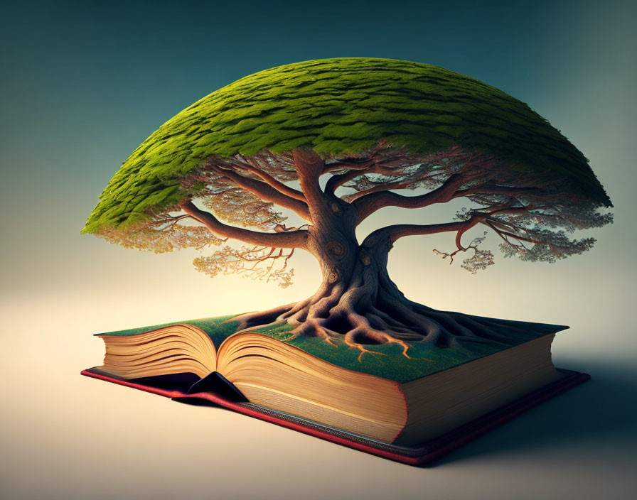 Vibrant tree with full green canopy emerging from open book symbolizing knowledge and growth