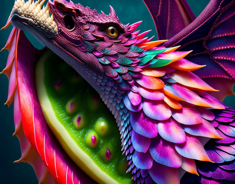 Colorful Dragon Illustration with Detailed Features on Teal Background