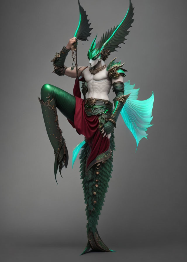 Dragon-like figure with green scales, teal wings, red skirt, and chain weapon
