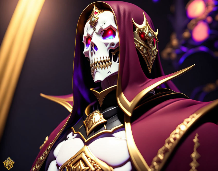 Skeletal figure in purple and gold armor with glowing eyes on dark blurred backdrop