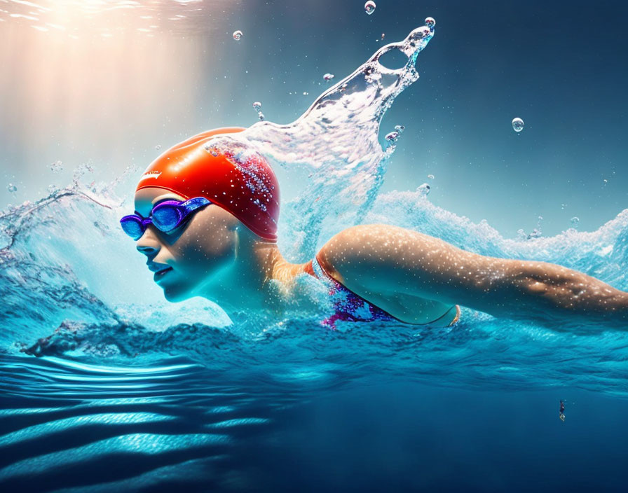 Swimmer in Goggles and Cap Mid-Stroke in Clear Blue Water
