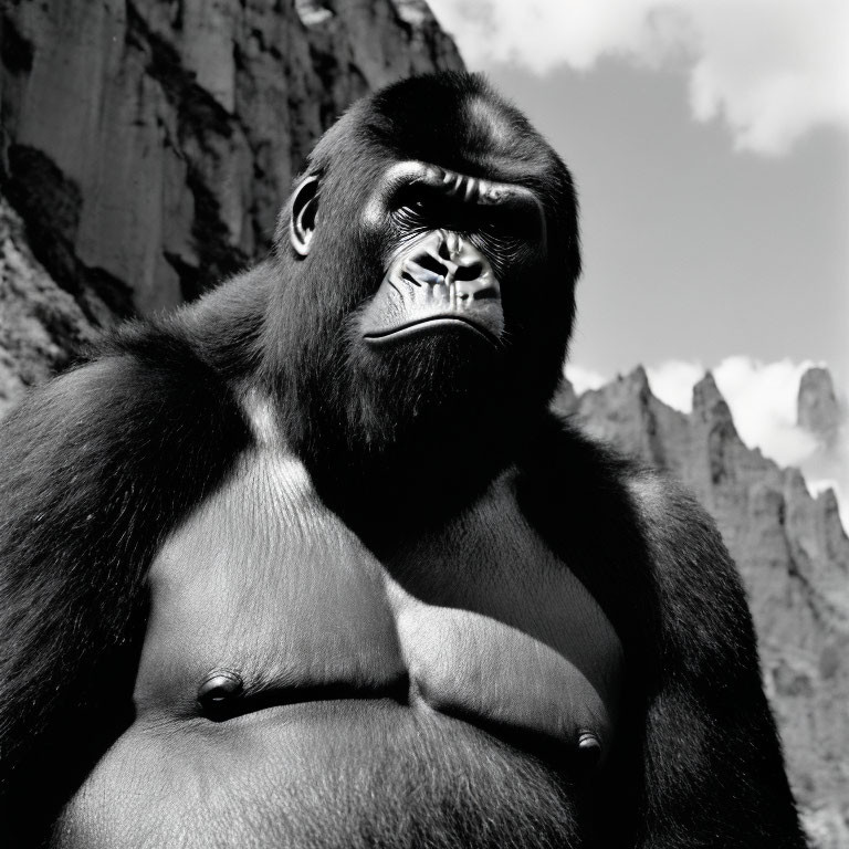 Monochrome portrait of pensive gorilla with mountain background