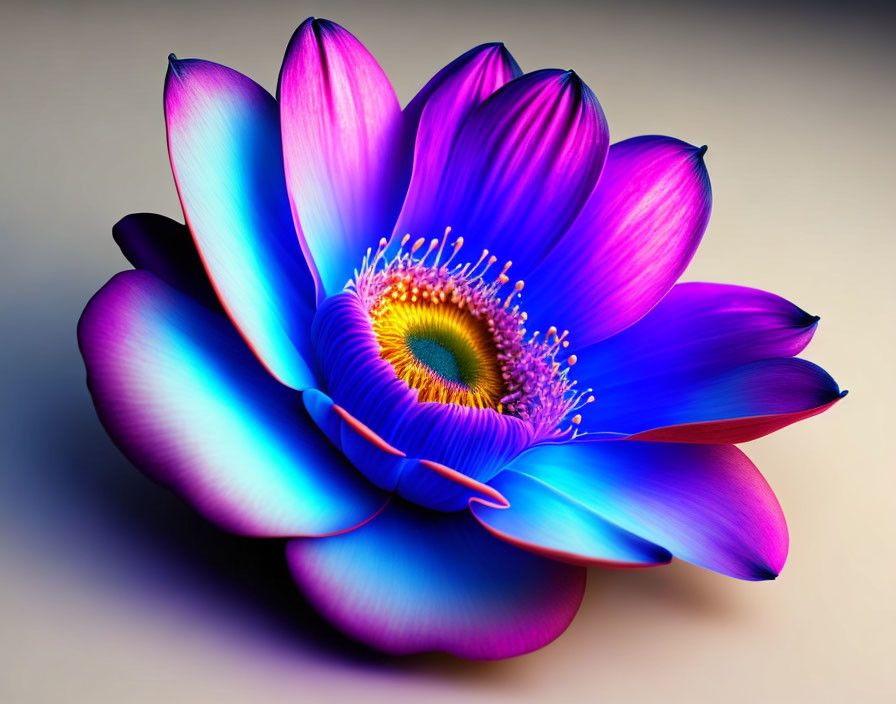 Vibrant digital art of lotus flower with blue to pink gradient petals and detailed yellow center