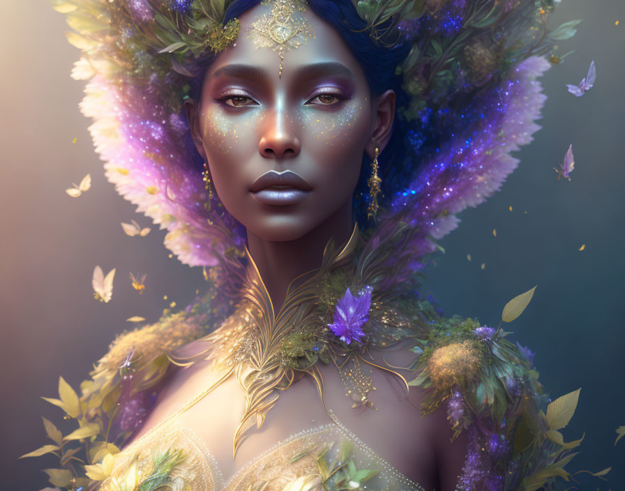 Mystical woman adorned with flowers and butterflies, exuding ethereal beauty.