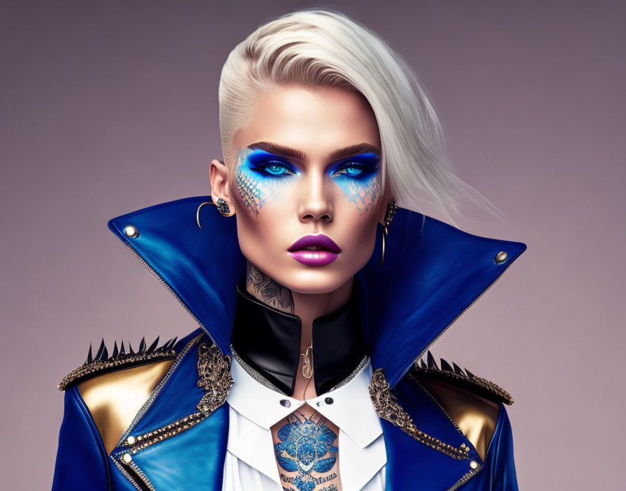 Blue eye makeup, platinum blonde hair, stylish blue and black jacket with gold details