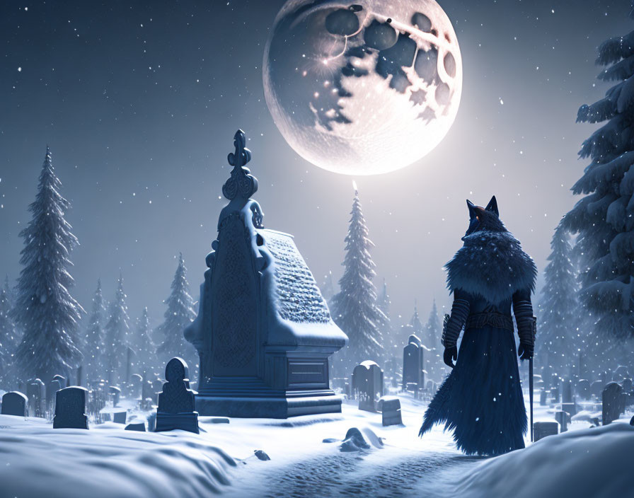 Person in wolf costume gazes at moon in snowy cemetery at night