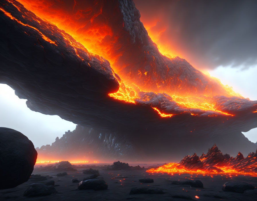 Dusk volcanic eruption with flowing lava and fiery sky