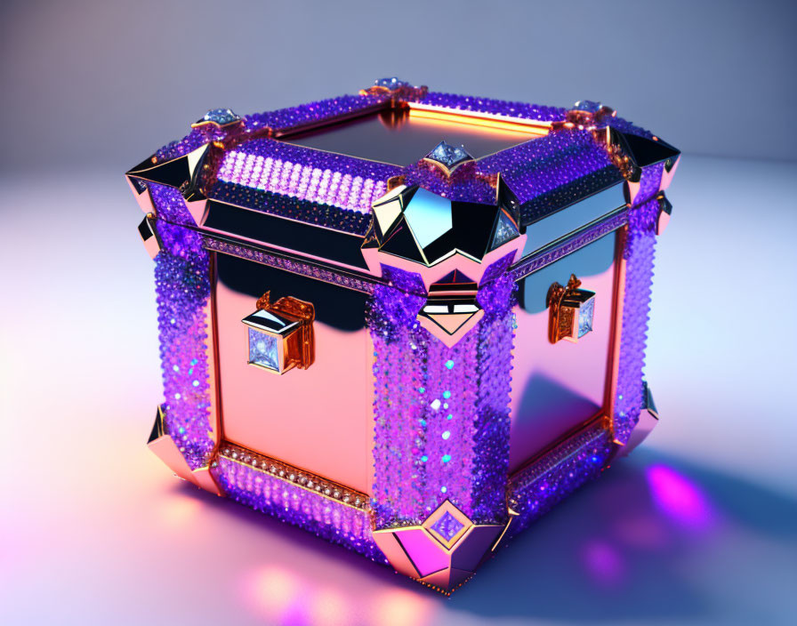 Glittering jewel-encrusted treasure chest in purple and blue hues