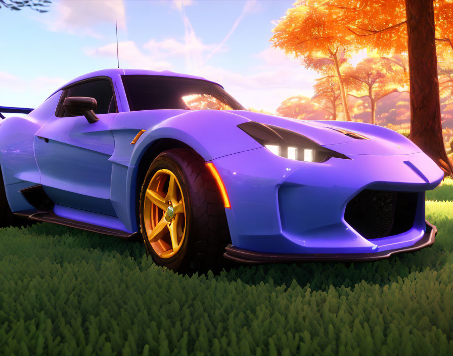 Bright Blue Sports Car with Yellow Rims Against Sunset and Orange Trees