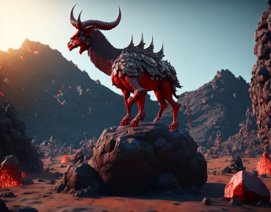 Red Dragon with Horns and Spikes in Fiery Volcanic Landscape