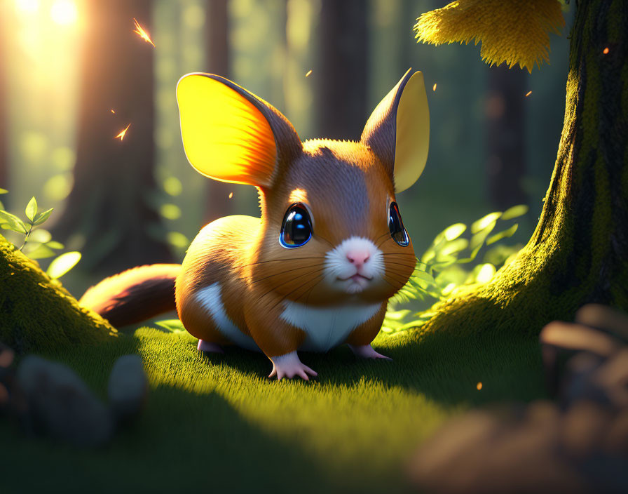 Whimsical digital illustration of cute creature in sunlit forest