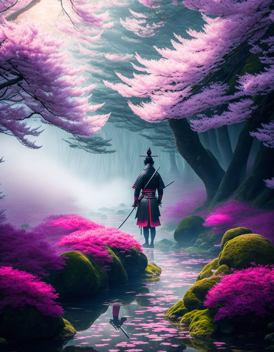 Samurai in sakura forest
