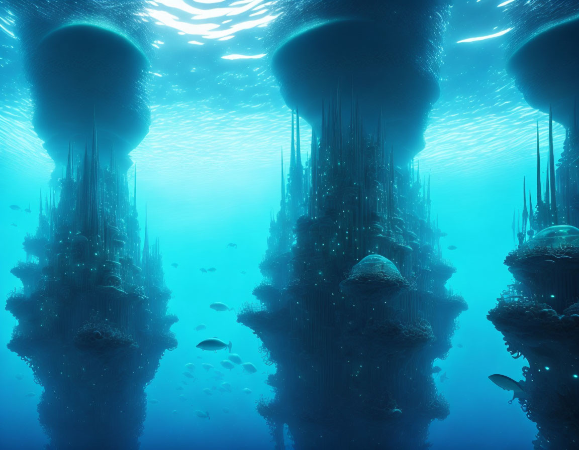Futuristic Underwater City with Towering Structures and Luminous Buildings
