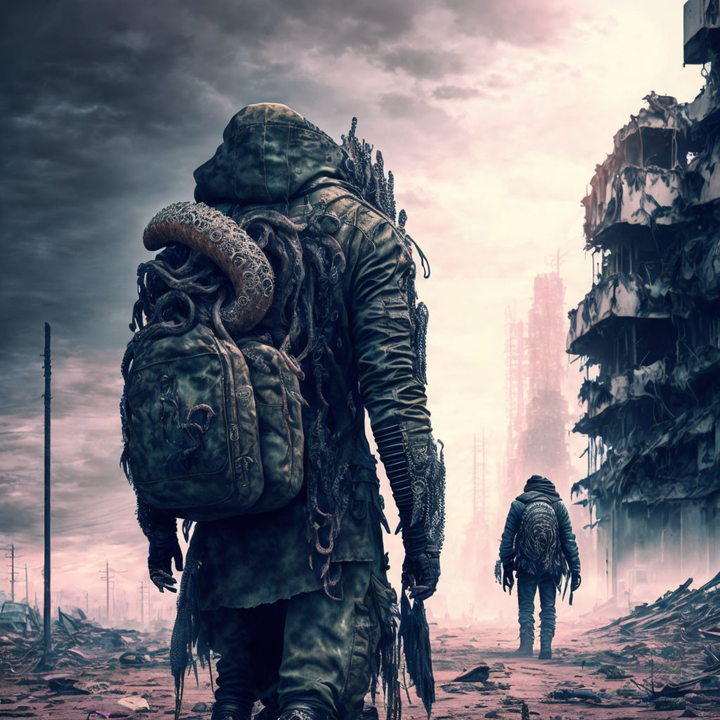 Post-apocalyptic survivor with tentacle creature in backpack traverses desolate cityscape.