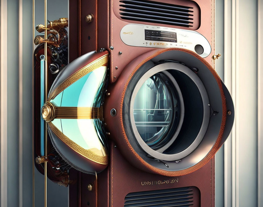 Brass-Accented Retro-Futuristic Washing Machine with Porthole-Style Door