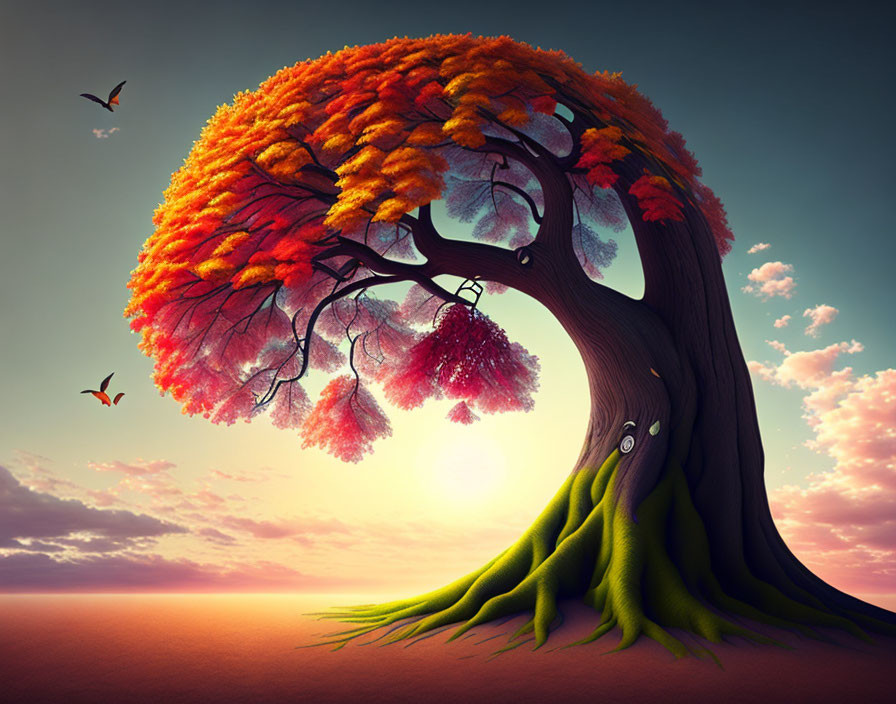 Illustration of vibrant tree with autumn and winter leaves under pastel sunset sky