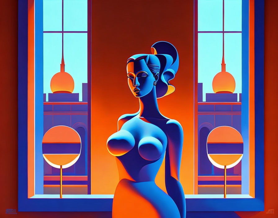 Stylized painting of female figure in profile with exaggerated features and architectural backdrop.