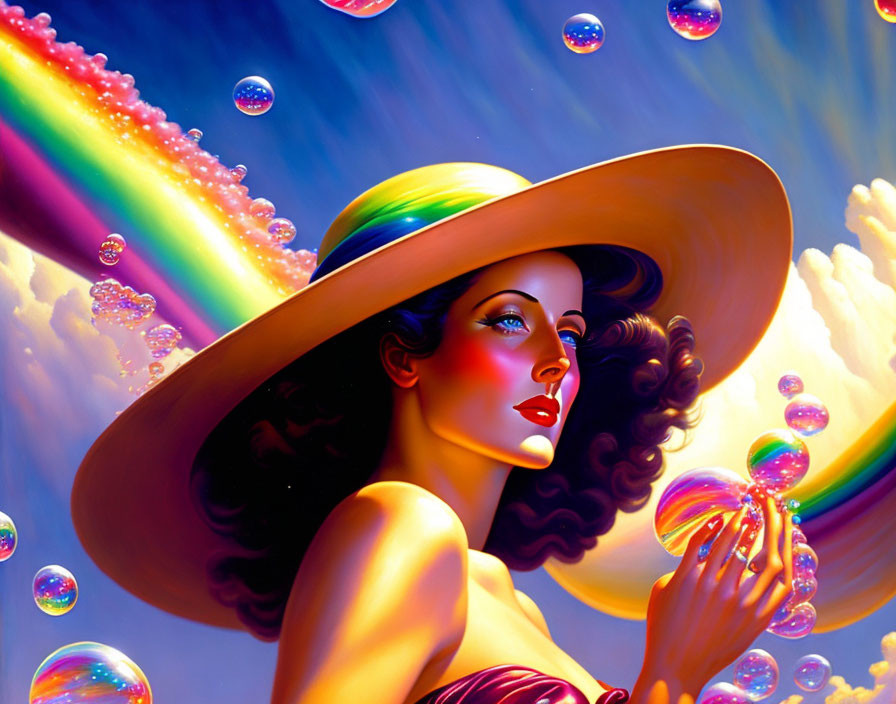 Stylized portrait of woman with wide-brimmed hat and bubbles against vibrant rainbow backdrop