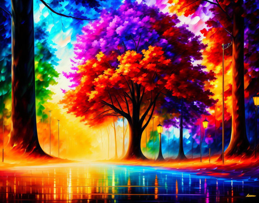 Colorful Forest Digital Painting with Trees in Purple, Orange, and Blue