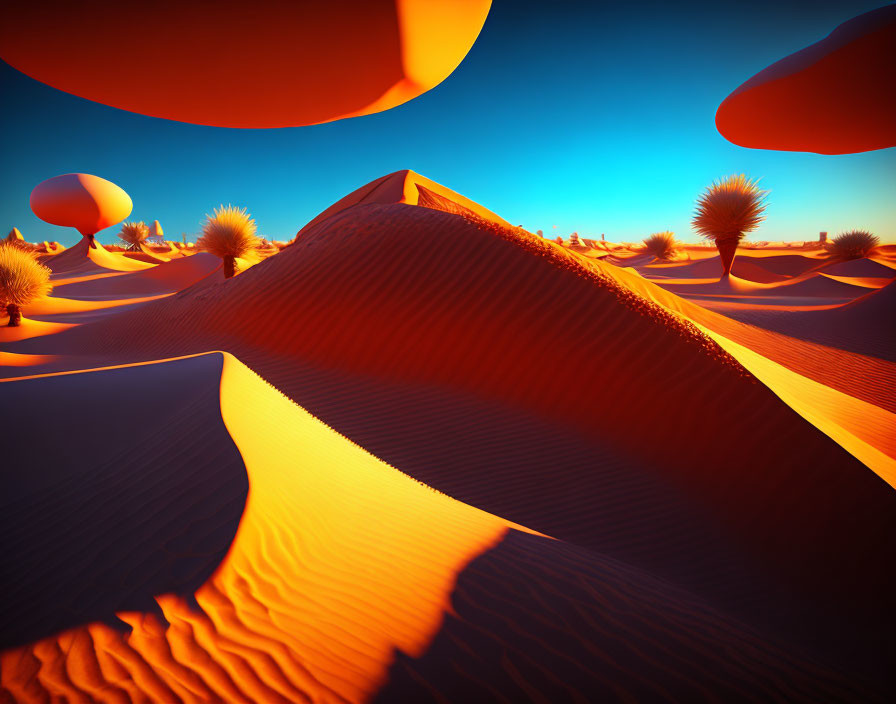 Surreal desert landscape with orange sand dunes and floating spherical objects