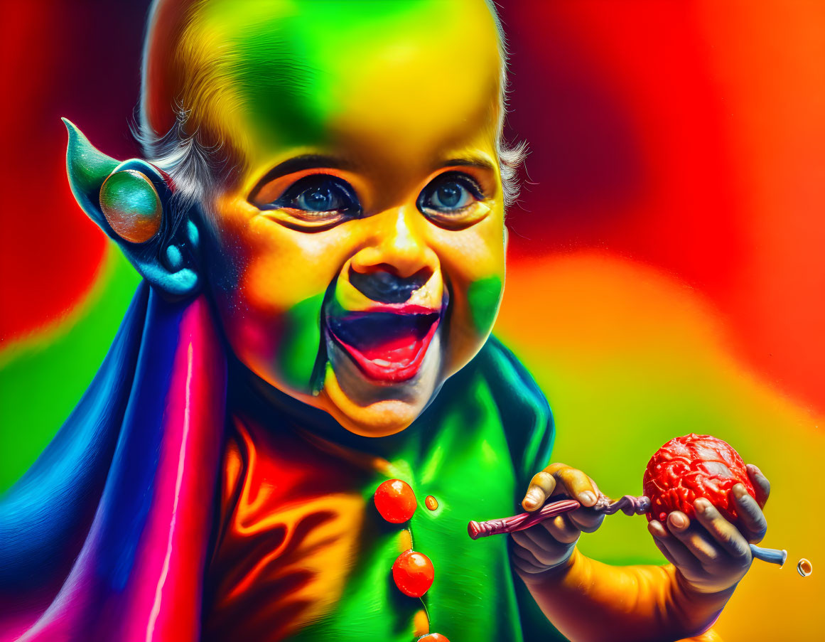 Hyper-realistic painting of a colorful baby with exaggerated features holding a paintbrush and a paint-spl
