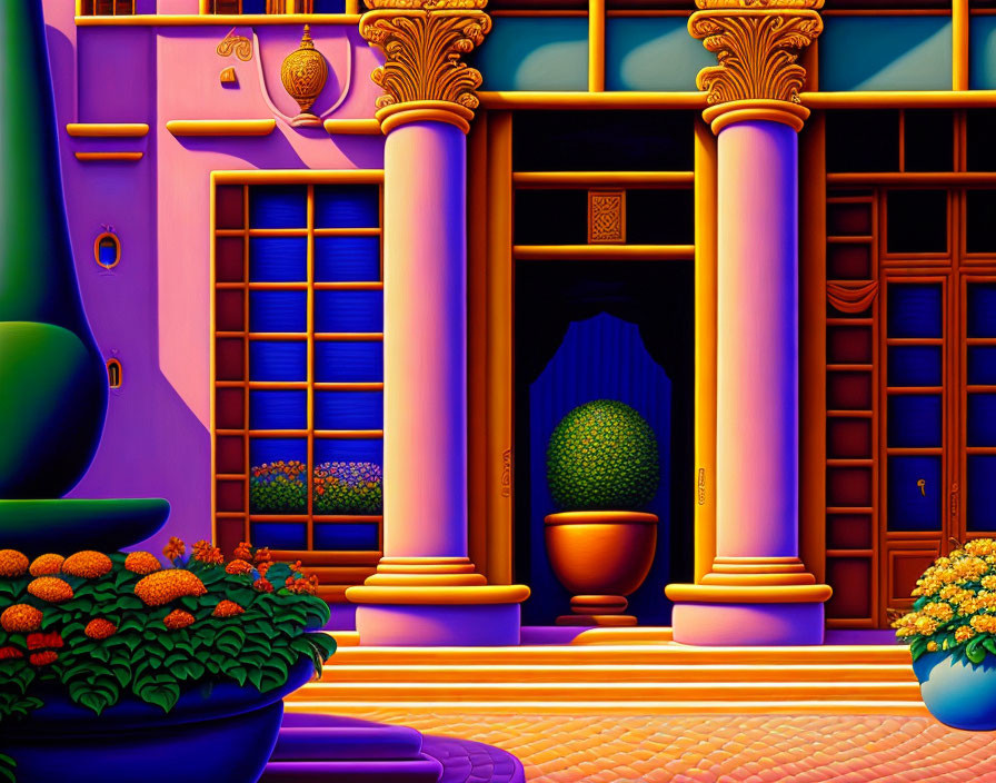 Colorful Stylized Facade with Columns & Plants