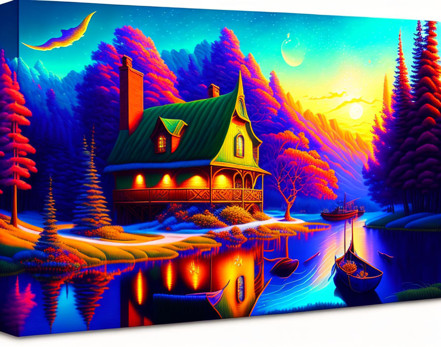 Whimsical house by serene lake at sunset with glowing lights