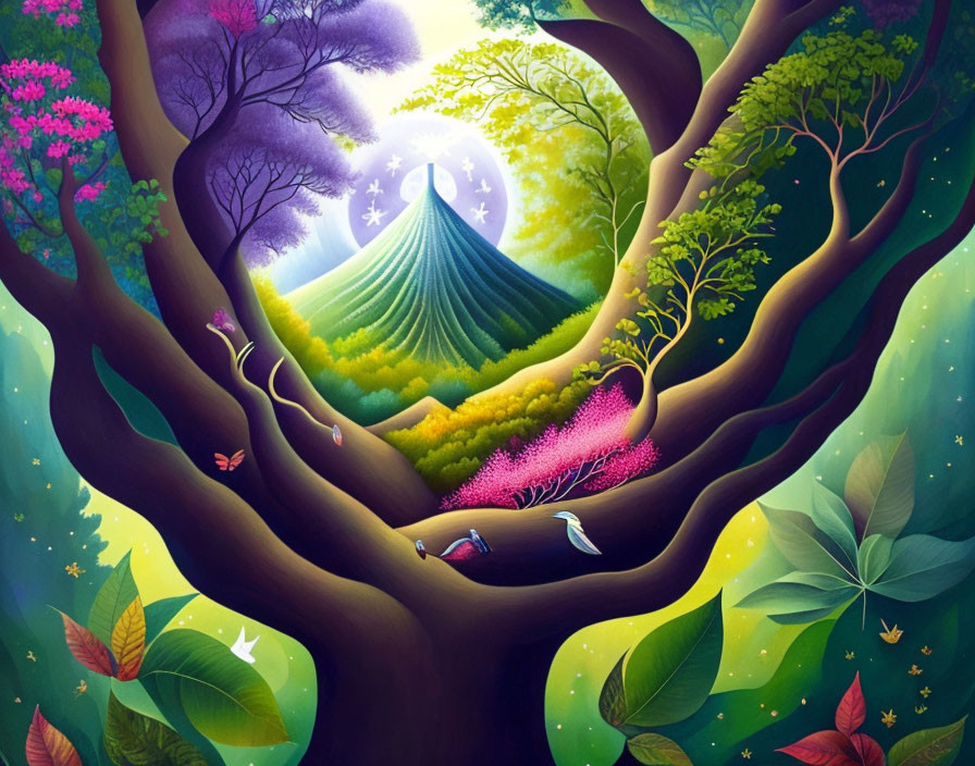 Colorful Whimsical Forest with Glowing Mountain & Wildlife