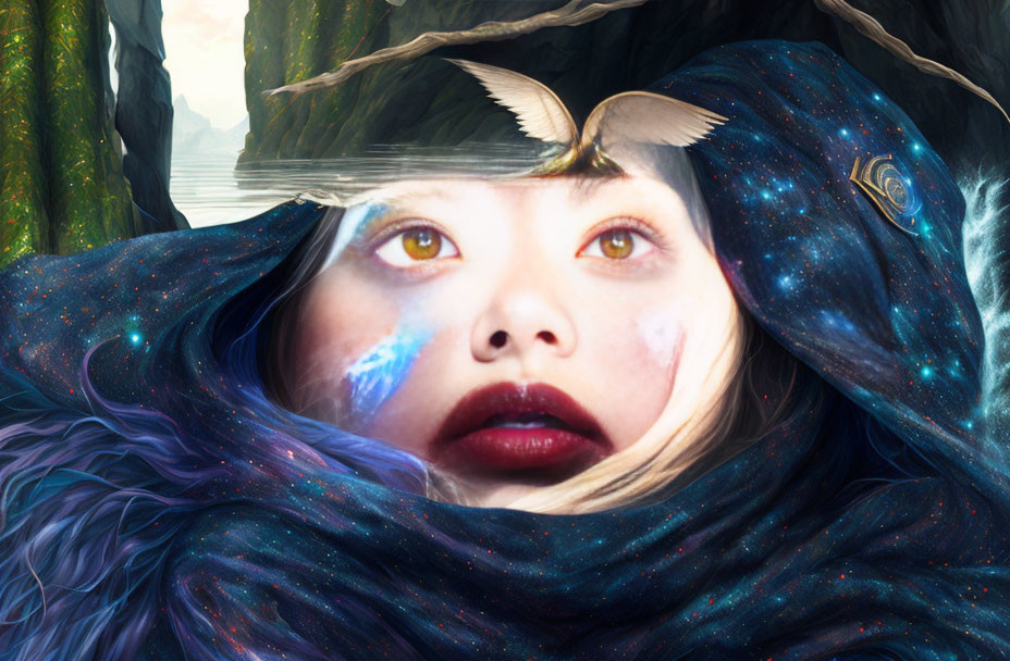 Surreal portrait with cosmic drapery, celestial eyes, vibrant face paint, and mystical landscape