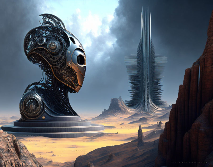 Futuristic desert landscape with mechanical snake structure and sleek building under stormy sky