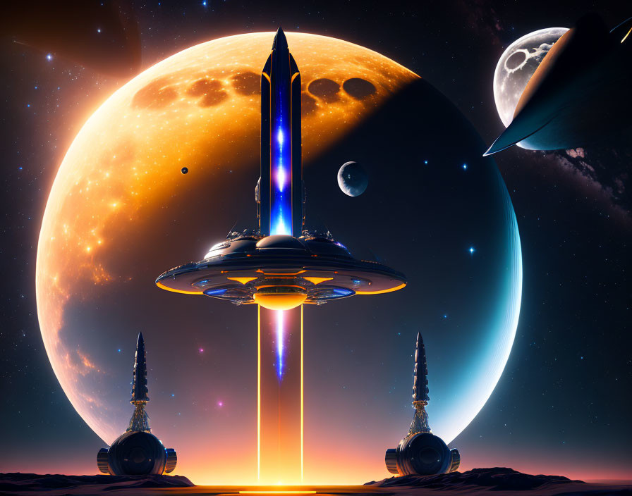 Futuristic spaceship lands between towers on alien planet with moons and ringed planet.