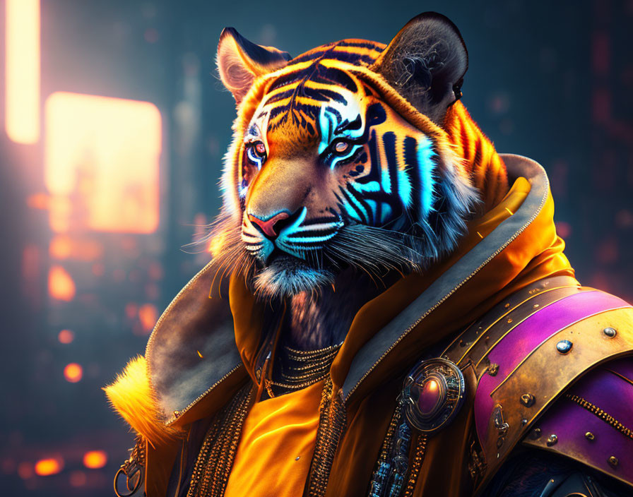 Futuristic humanoid tiger in neon armor against urban backdrop