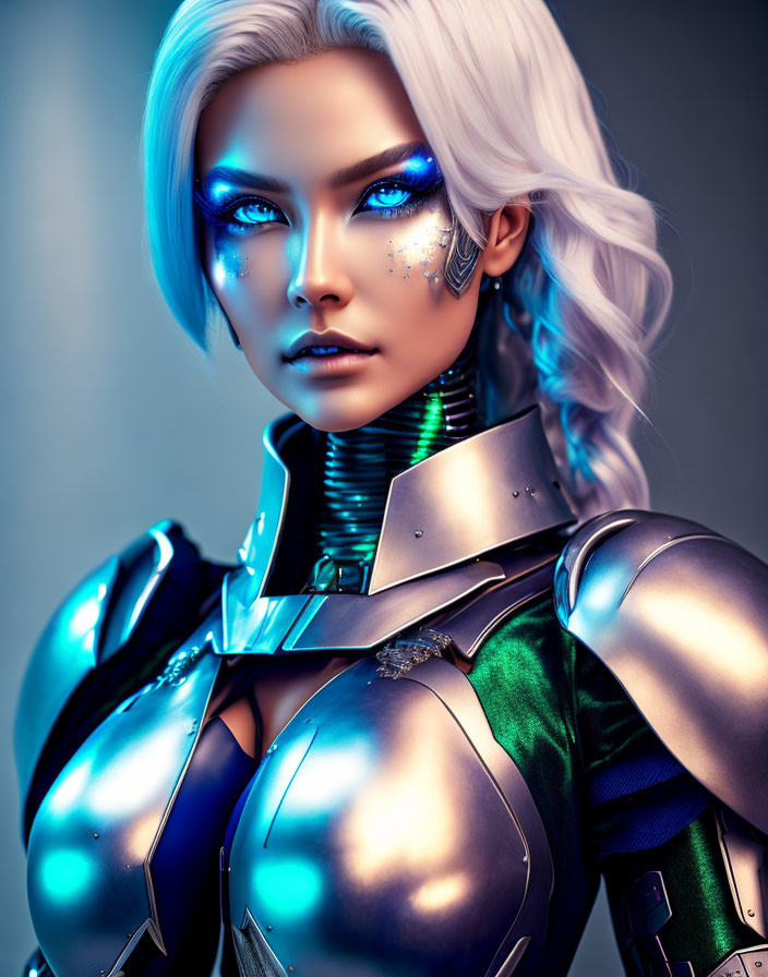 Futuristic Female Character with Silver Hair and Cybernetic Armor in Blue and Green Accents