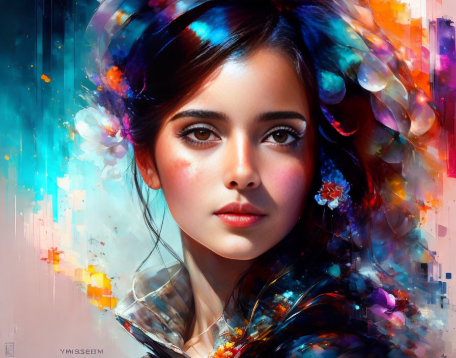 Vibrant digital artwork: Woman with colorful splashes and flowers, dark eyes.