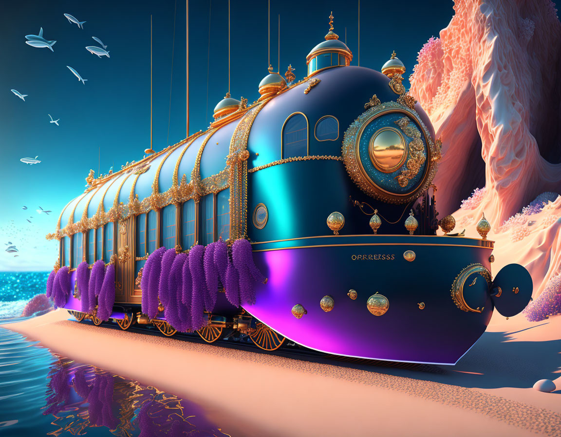 Blue and Purple Fantasy Train Over Surreal Landscape