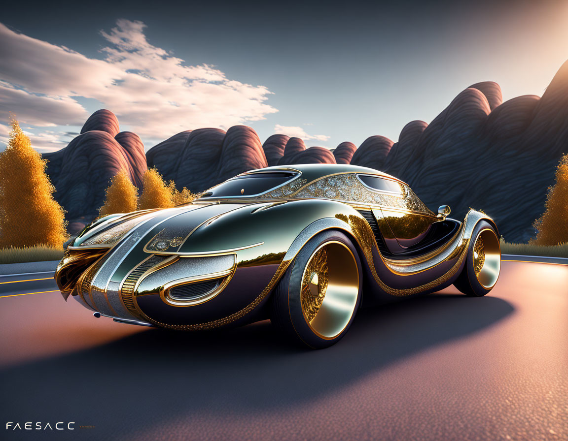 Sleek golden-trimmed car parked on tranquil road at sunset