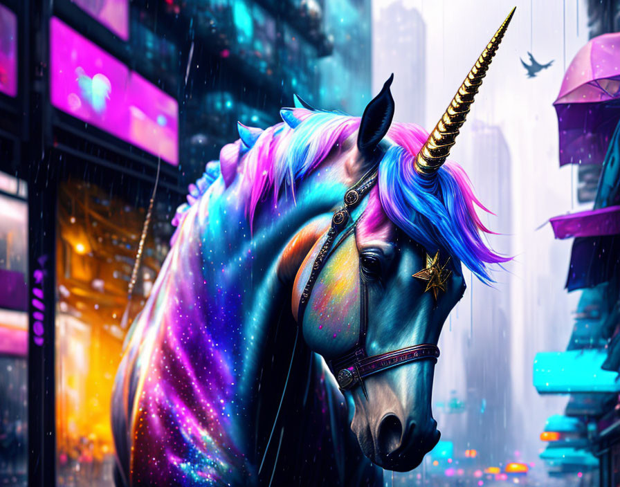A unicorn wanders around a cyberpunk city.