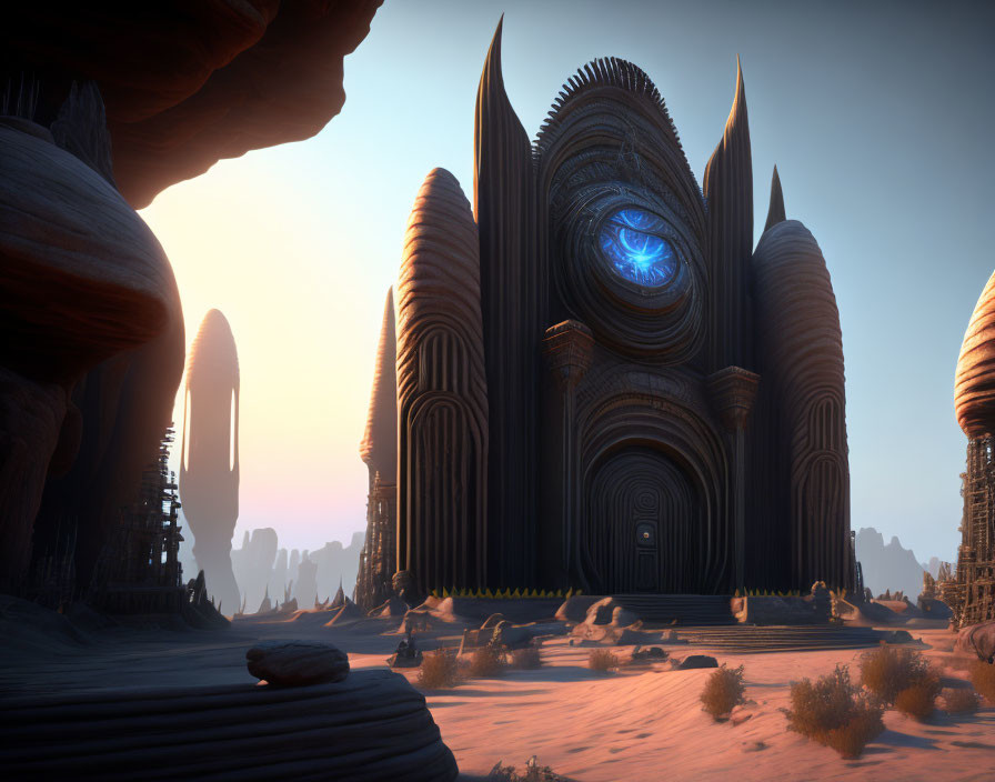 Futuristic alien temple with spires and central blue eye in desert twilight