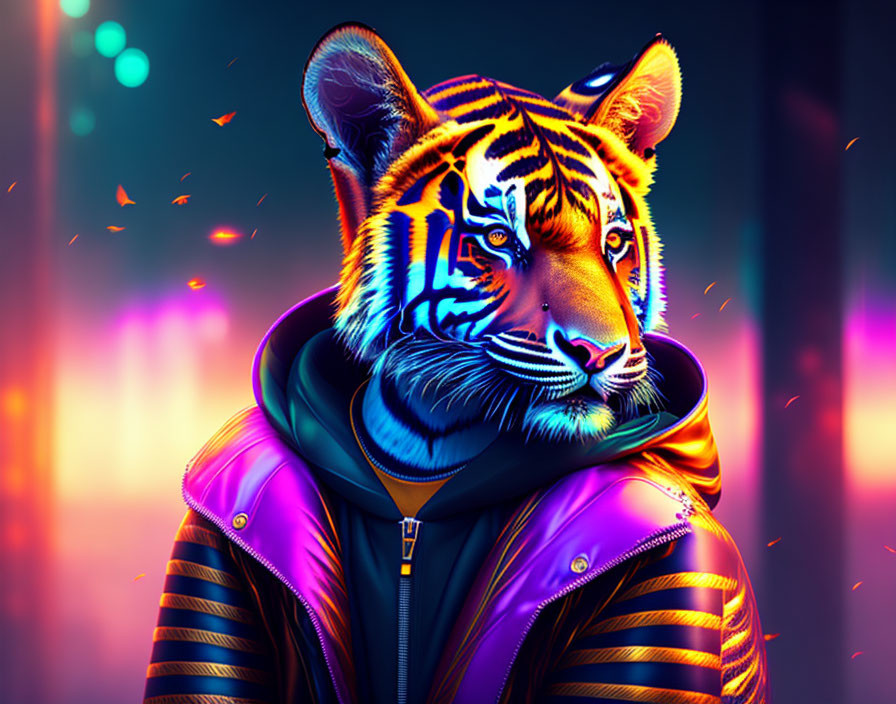 Vibrant tiger artwork in stylish jacket on neon background