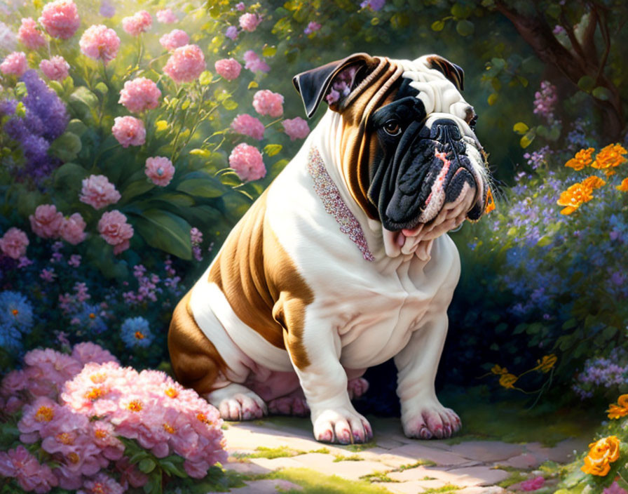 English Bulldog with studded collar in flower garden