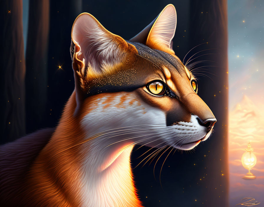 Majestic feline with amber eyes in digital art piece
