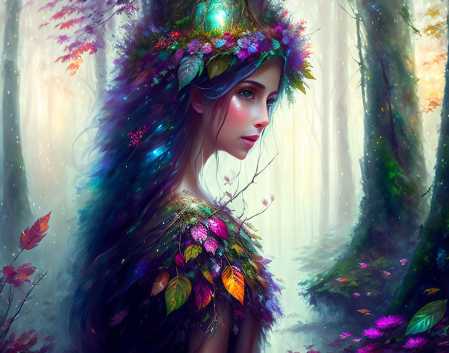 Colorful Leaves and Flowers Adorn Mystical Woman in Enchanted Forest