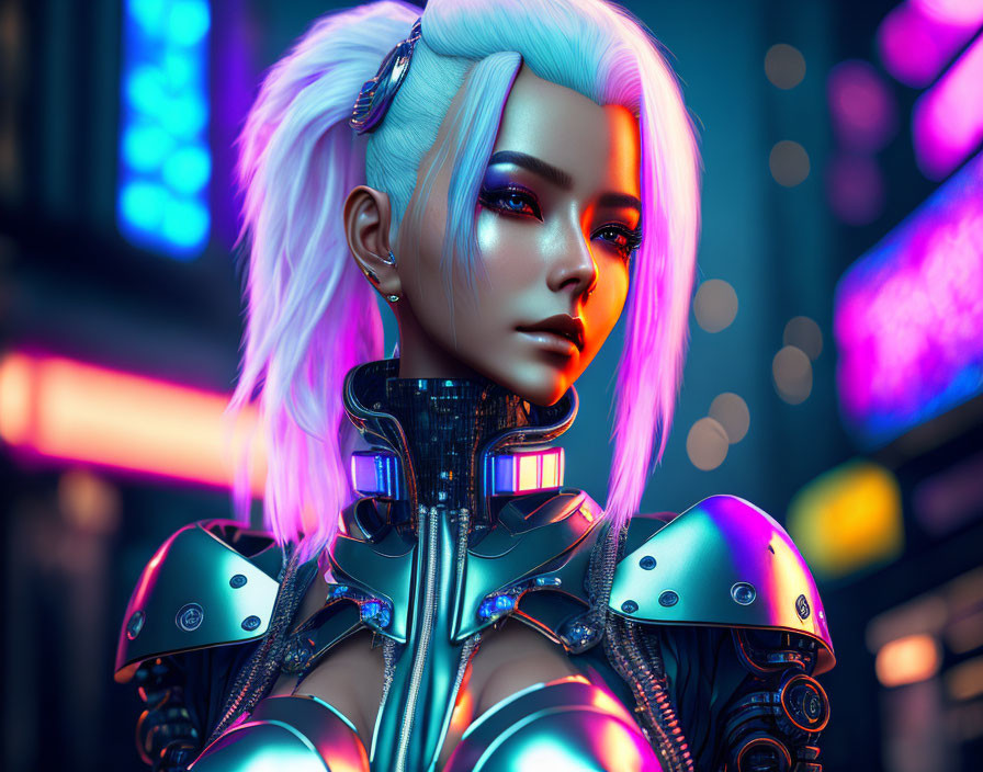 Digital artwork: Female character with white-pink hair, red makeup, silver armor, neon backdrop