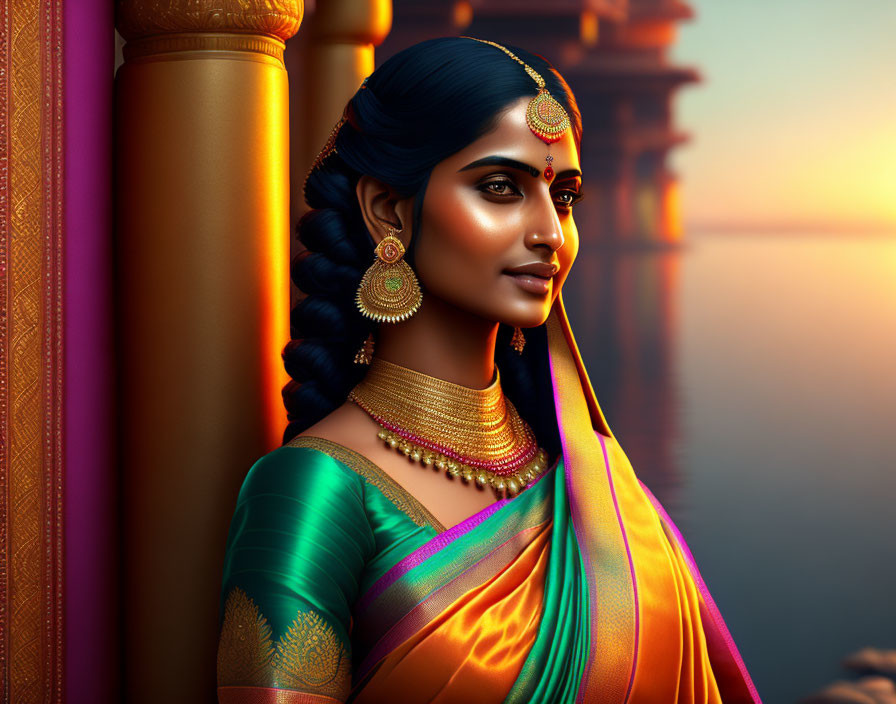 Illustration of woman in traditional Indian attire with intricate jewelry against sunset by water